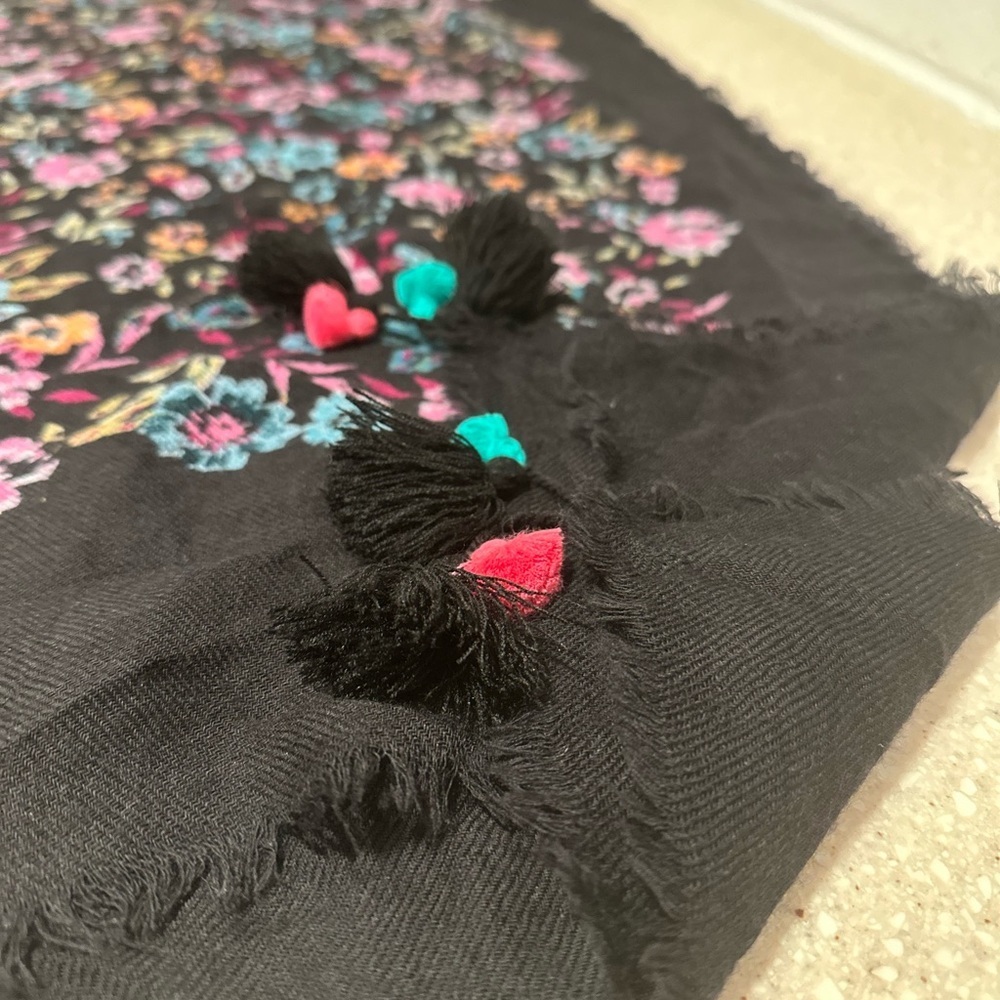 Boho Floral Tassel Scarf – Large Black Pashmina Style Shawl Pink & Blue Flowers - Picture 12 of 17